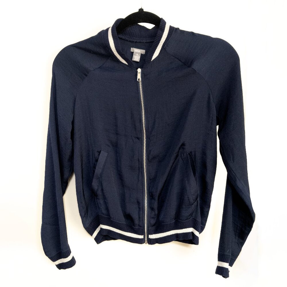 Aerie XS Lightweight Navy Blue Bomber Jacket Full Zip Casual Satin Basic Varsity